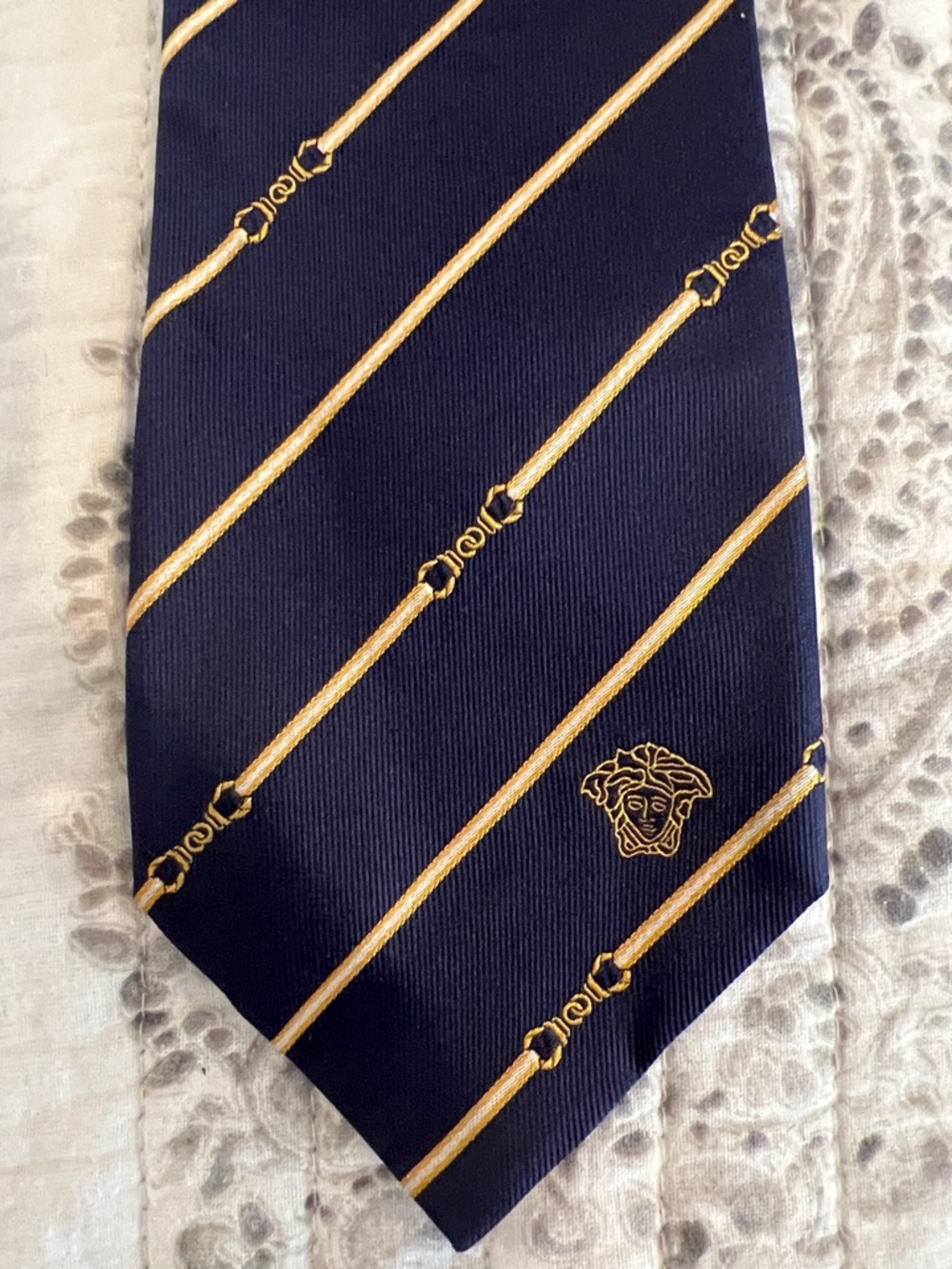 Versace Navy 100% Silk Tie with Gold and White Chain-Stripe, Made in Italy